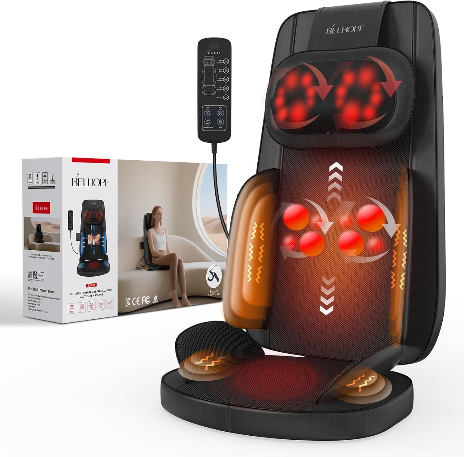 belhope Shiatsu neck and back massager with heat displayed on chair